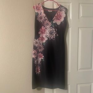 Calvin Klein black dress w/ shades of pink flowers and pearls